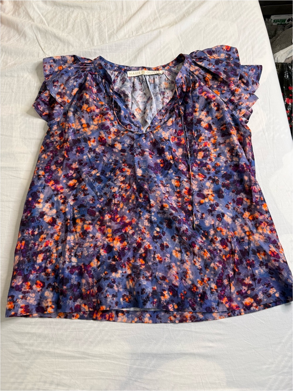 Marie Oliver Purple Floral V-Neck Ruffle Sleeve Top